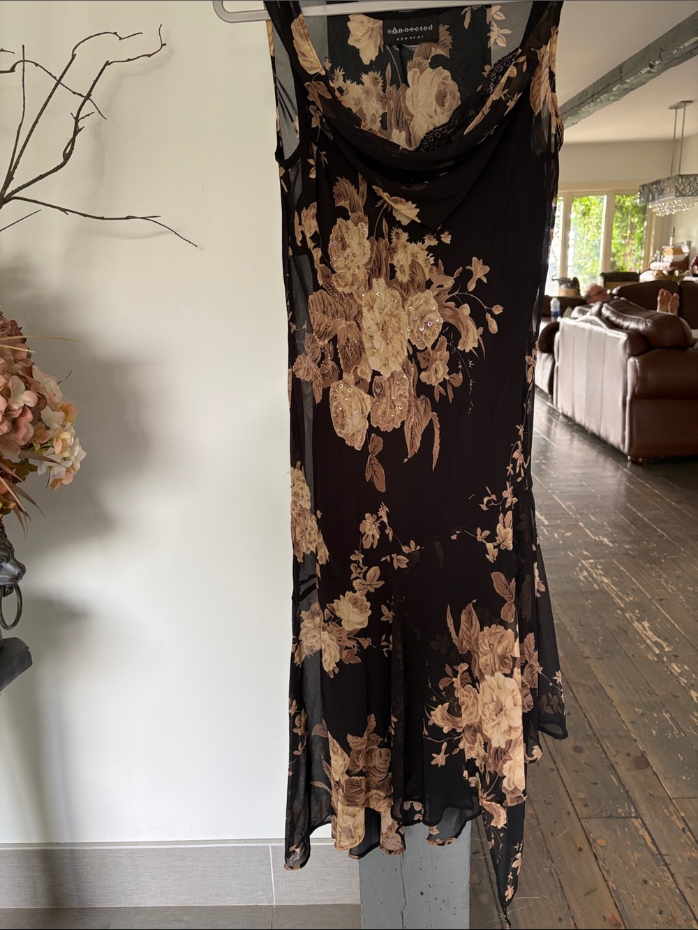 Black Floral Cowl Neck Slip Dress with Beige Roses by connected